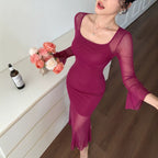 Women's Fall Slim Mesh Stitching Fishtail Flare Sleeve Maxi Dress
