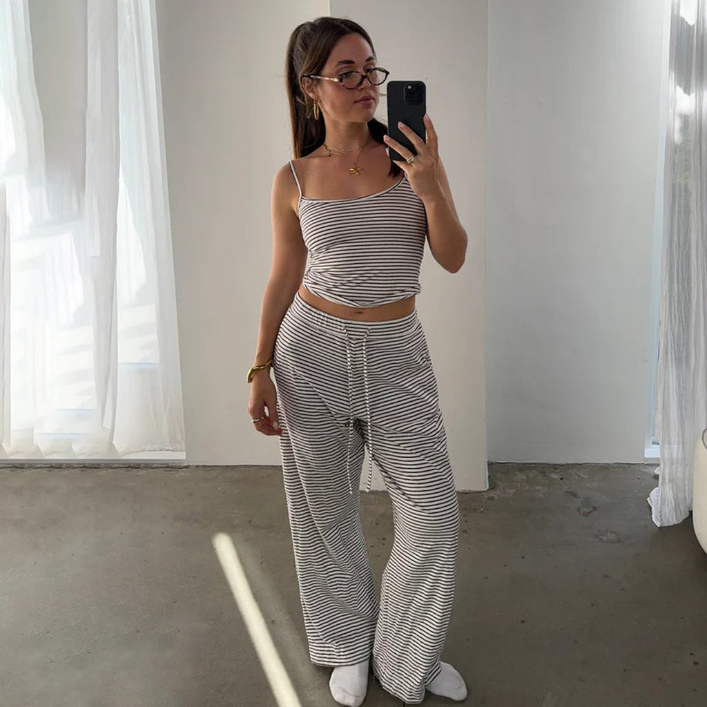 Casual Striped Spaghetti Straps Top Elastic Waistband Lace Up Trousers Home Pajamas