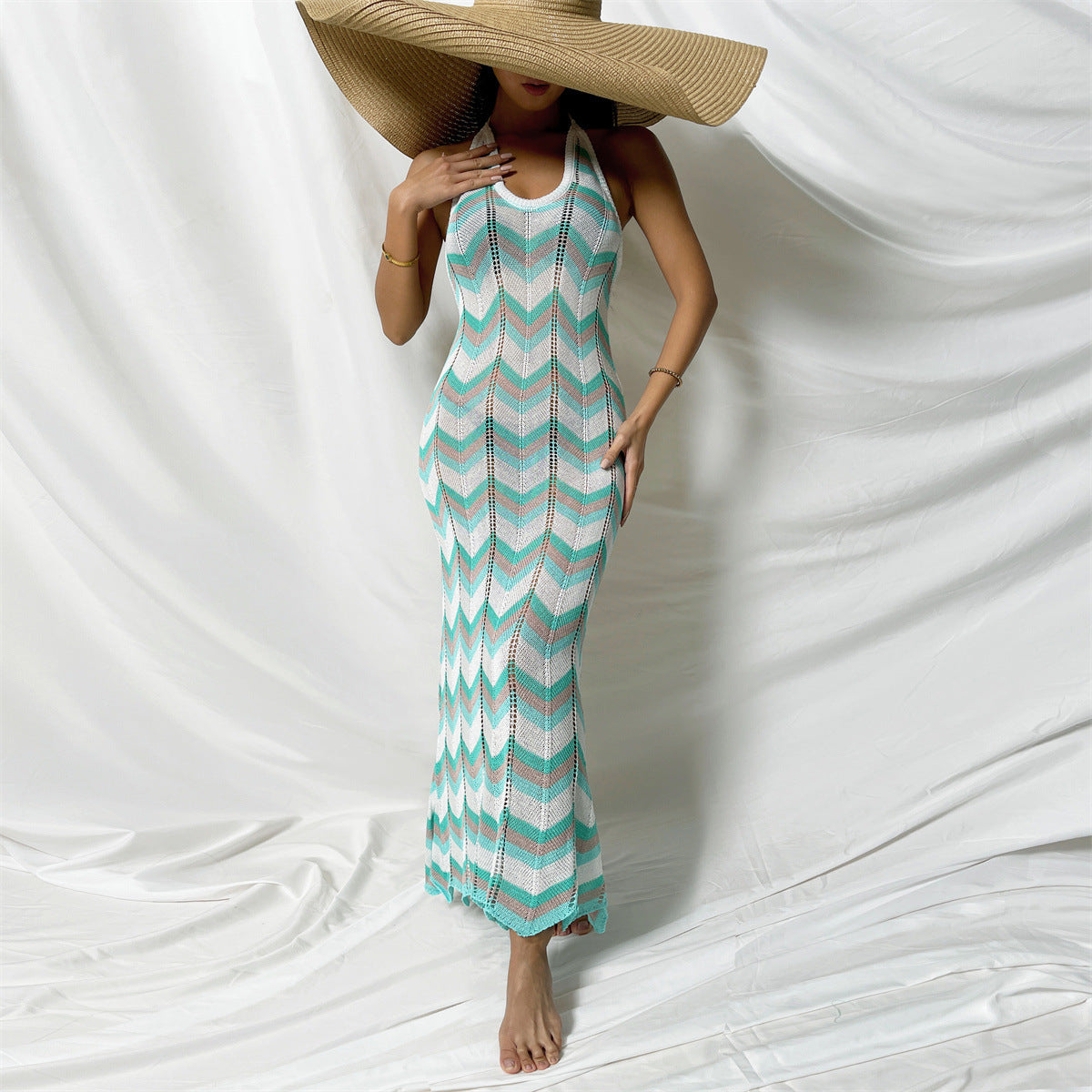 Beach Dress Suspender Striped Color Large Skirt Lace up Vacation Beach Dress