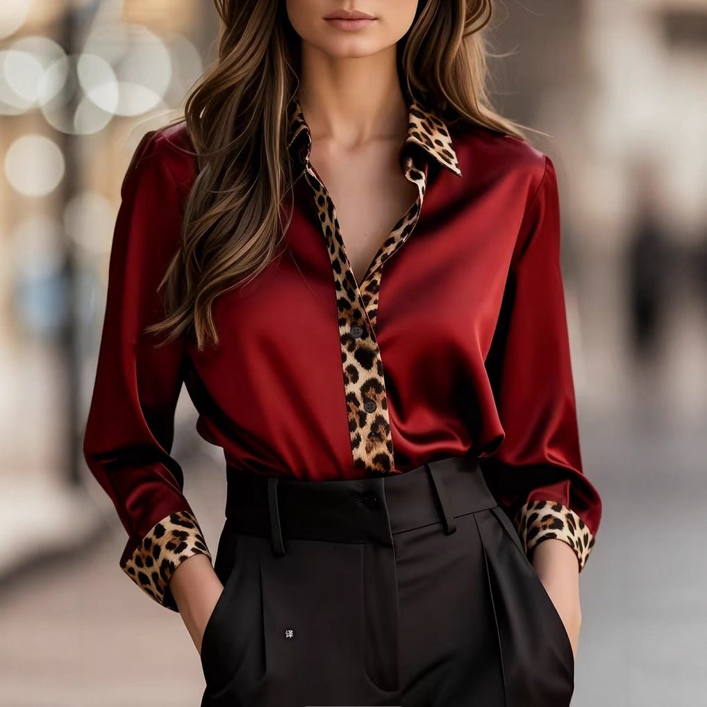 Women's Spring Autumn Commuting Figure Flattering Long Sleeve Leopard Print Round Neck Patchwork Satin Blouse For Women