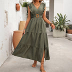 Olive-green tiered ruffle maxi dress with V-neckline and sleeveless shoulder ruffles