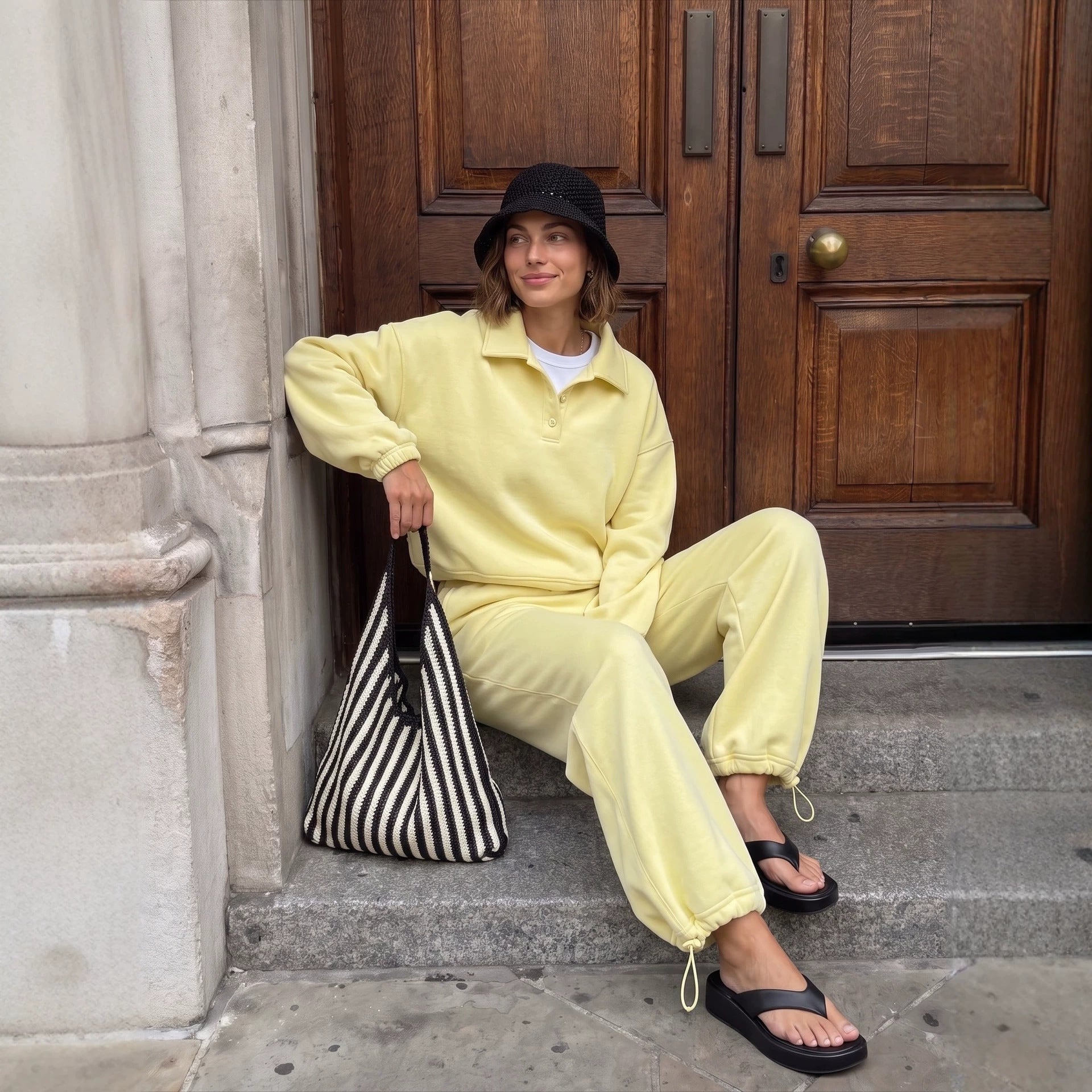 Casual Loose Two Piece Sets Women Long Sleeved Polo Shirt Wide Leg Pants Sportswear Two Piece Sets