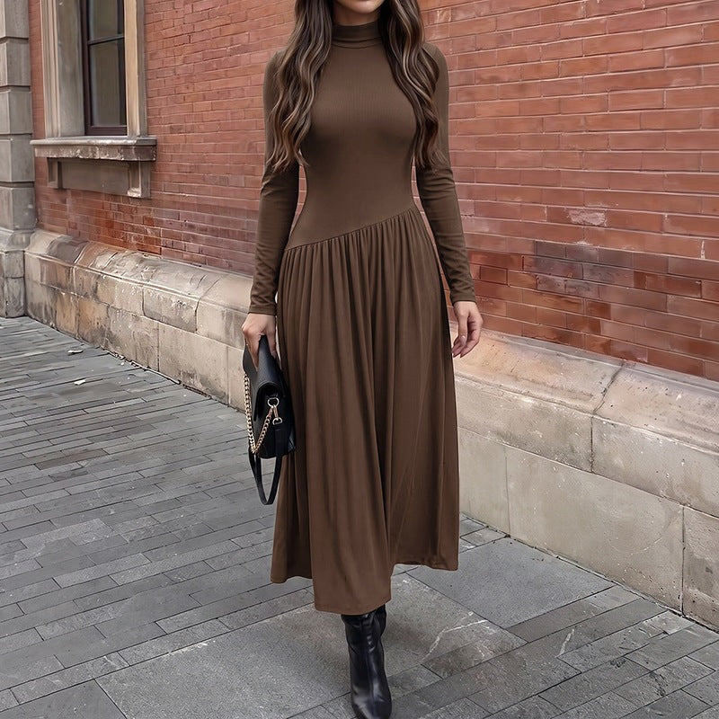 Women's Stand-Collar Ruched Long Sleeve Maxi Dress