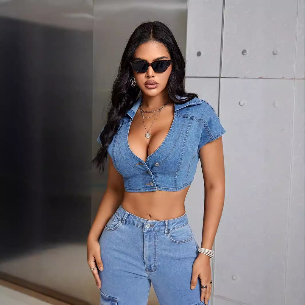 Women's Low Cut Collared Denim Crop Top