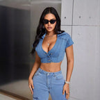 Women's Low Cut Collared Denim Crop Top