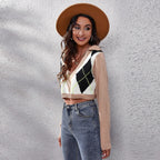 Women's Popular Rhombus Color Matching Doll Collar Rhombus Short Knitted Sweater Women Loose Women Clothing