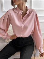 Women's Shirt Women Clothes Half Open Collar Solid Color Loose Long Sleeves Elegant