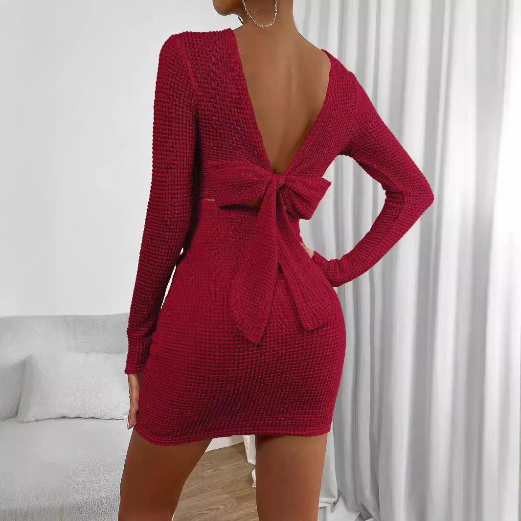 Women's Women's Red Dress High Waist Slim Backless Round Neck Hip