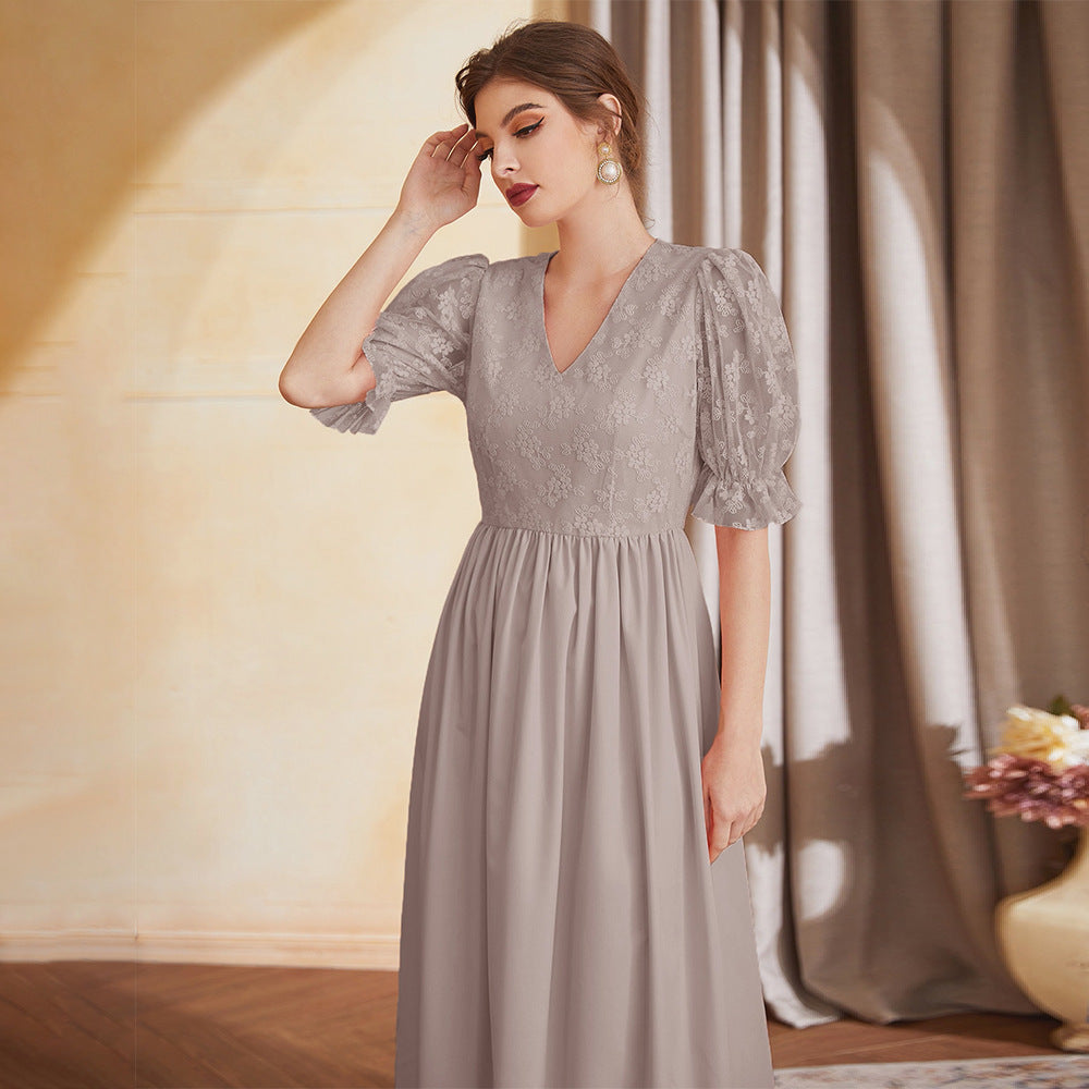 Women's Short Sleeve Dress Lantern Sleeve V Neck High Waist Embroidered Mesh Maxi Dress