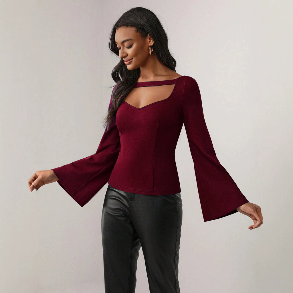 Bell Sleeved Top Hollow Waist Cinching Slimming Office Long
