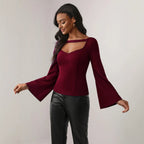 Bell Sleeved Top Hollow Waist Cinching Slimming Office Long