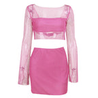 Women's Sleeve Mesh Sequin Sling Top And Skirt Two-Piece Set