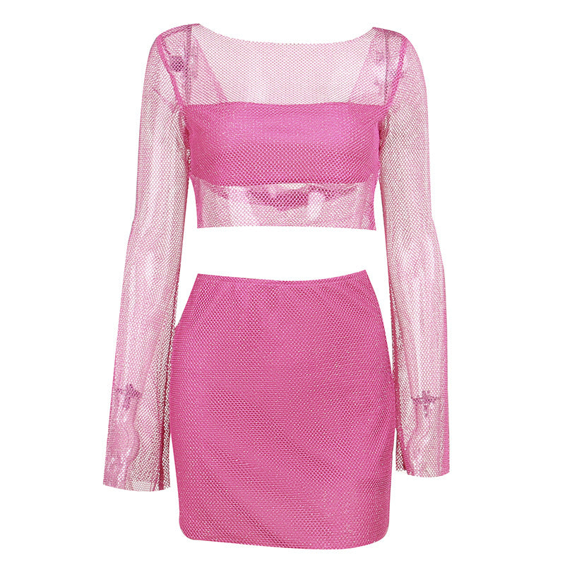 Women's Sleeve Mesh Sequin Sling Top And Skirt Two-Piece Set