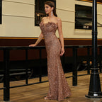Sleeveless Elegant Long Sequin Off-Neck Backless Evening Dress