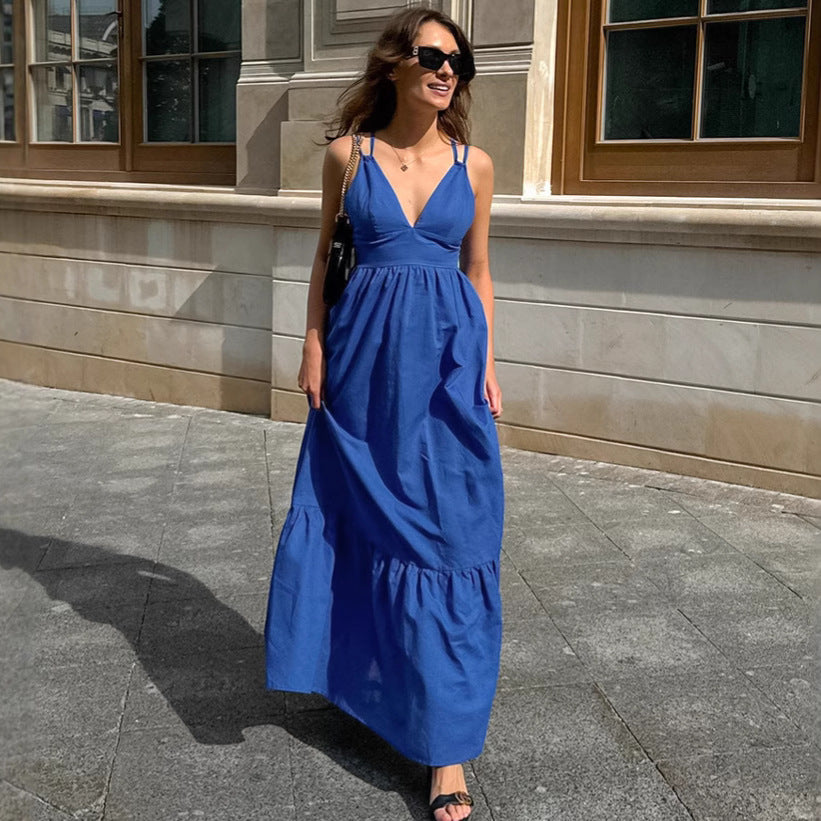 Women's French Vacation Blue Cotton Linen V Neck Strap Dress