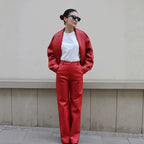 Women Clothing Leather Leather Coat Collared Casual Loose Short Leather Jacket Pant Sets