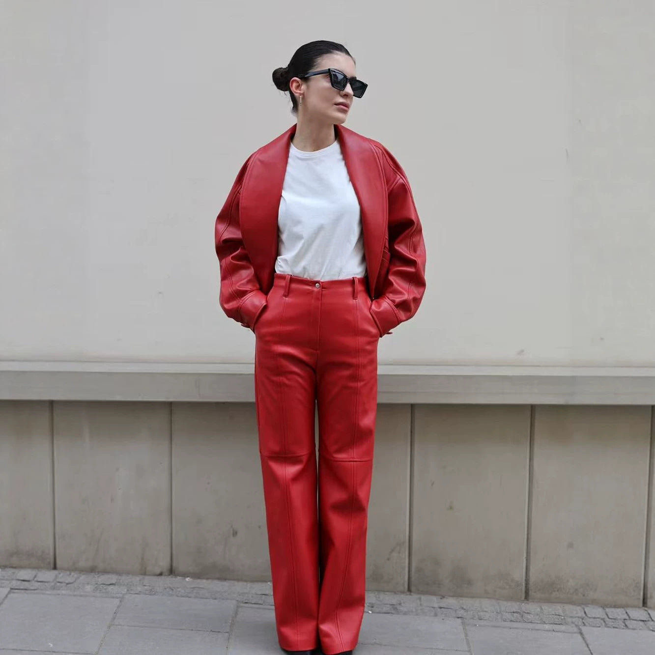 Women Clothing Leather Leather Coat Collared Casual Loose Short Leather Jacket Pant Sets