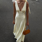 Summer V neck Sexy Backless Lace up Sleeveless Dress Women French High Waist Sheath Dress