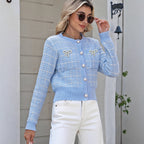 Women Clothing Plaid Knitted Cardigan Women Classic Coat Bright Brick Bow Pearl Buckle Sweater