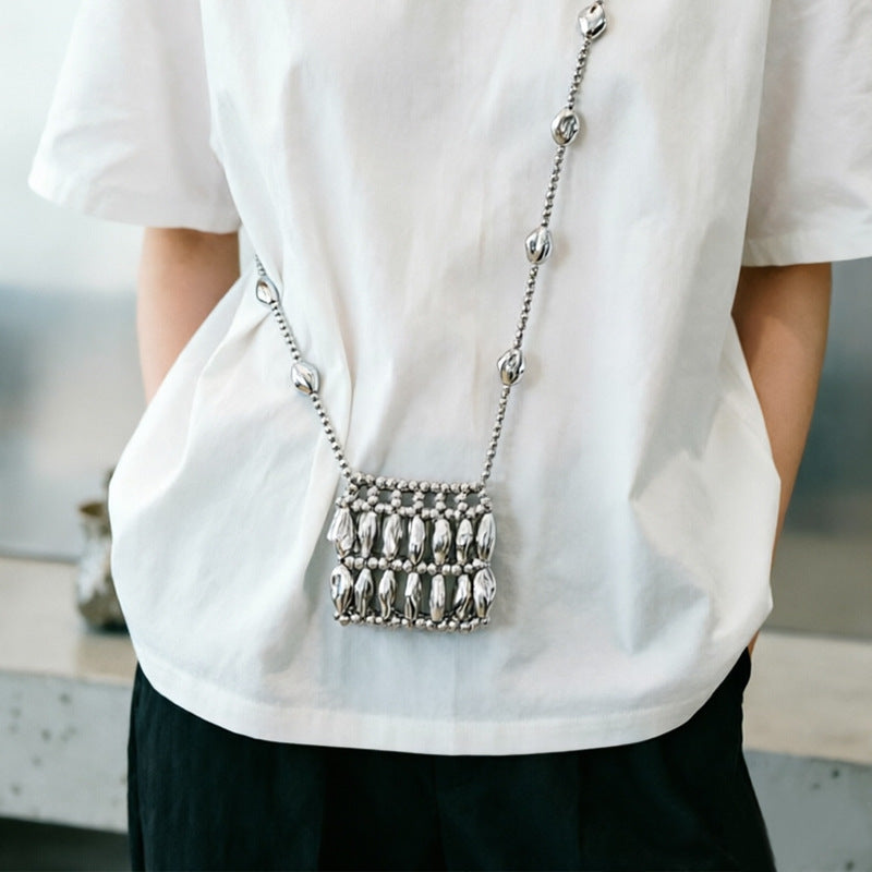 Women's Irregular Asymmetric Shaped Handmade Beaded Bag Mini Lipstick Pack With Chain Crossbody Pouch