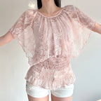 Sweet Pure Lace Patchwork round Neck Smocking Waist Tied T