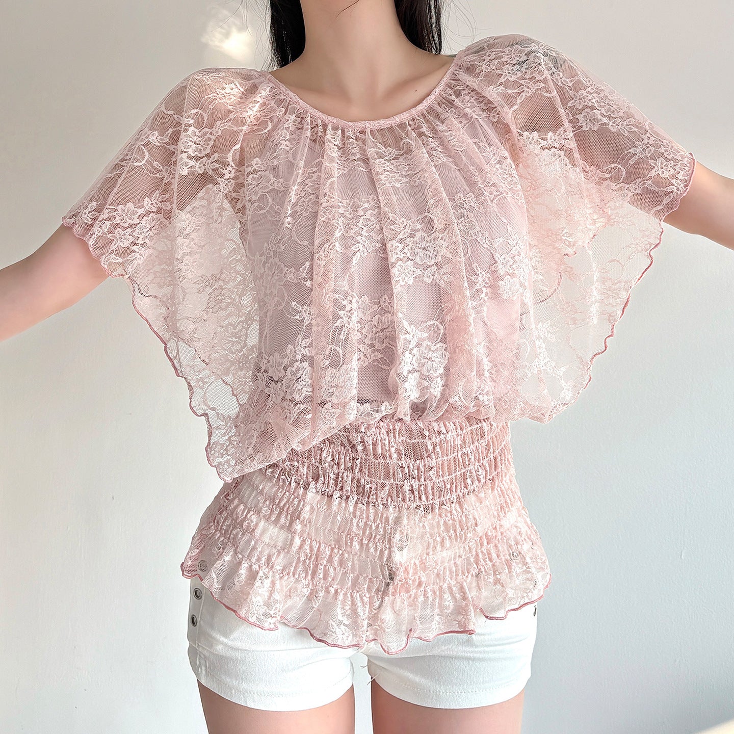 Sweet Pure Lace Patchwork round Neck Smocking Waist Tied T