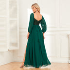 Off-Shoulder Sequin Long Sleeve Slit Maxi Dress