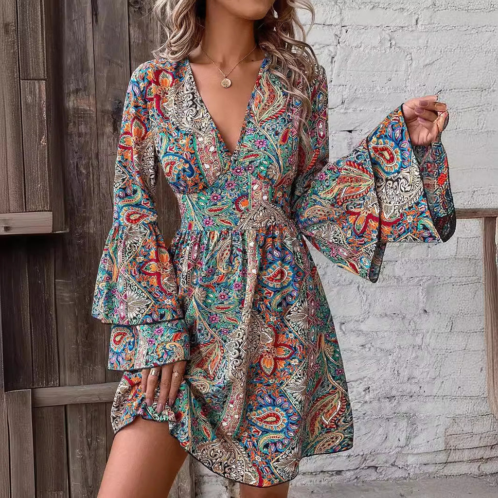 Floral Print V-Neck Flare-Sleeve Dress