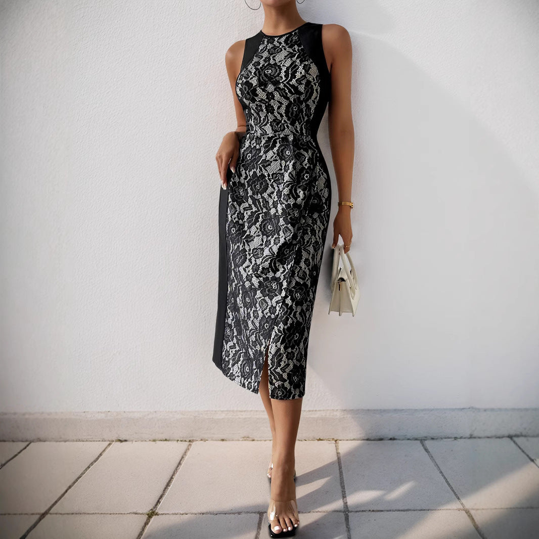 Summer Office Lady Dress Elegant Lace High Sense Sleeveless Split Dress