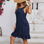 Round-Neck Sleeveless Pleated Denim Mini Dress