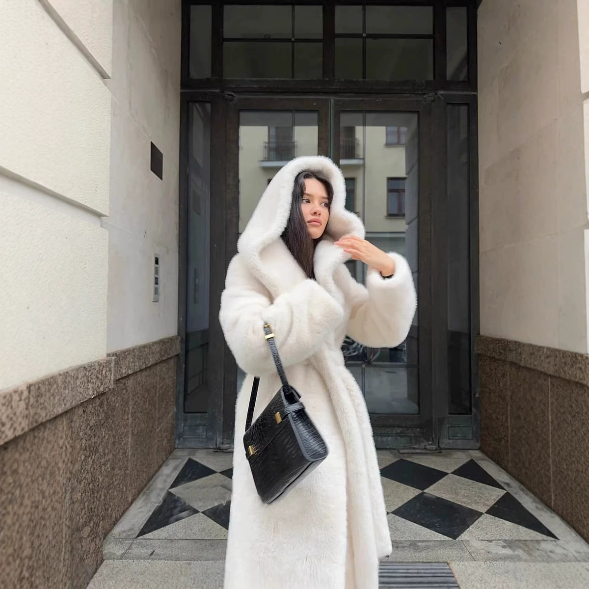 Women's Long Hooded Faux-Fur Coat