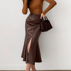 Women's High-Waist Faux Leather Fishtail Midi Skirt