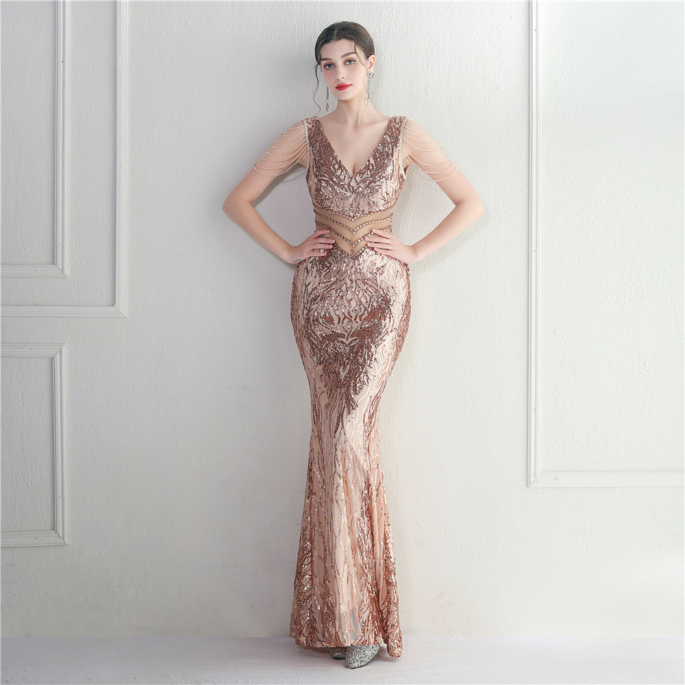 Women's Positioning Floral Heavy Industry Beaded Long Fish Tail Evening Dress Suitable Attending Formal Occasions