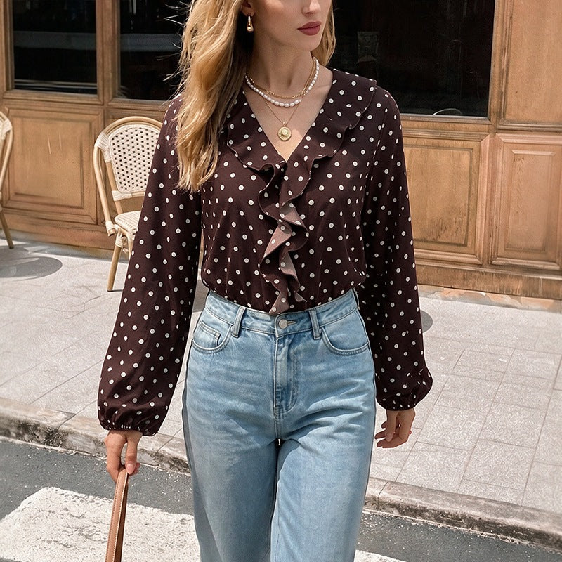 Women's Polka-Dot V-Neck Ruffle Jumpsuit