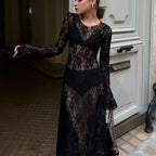 Black Sheer Lace Long Sleeve Maxi Dress