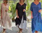V neck Short Sleeve Faux Two Piece Asymmetric Dress Spring Summer