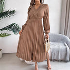 Spring Summer Elegant V-Neck Lace Cinched Pleated Maxi Dress