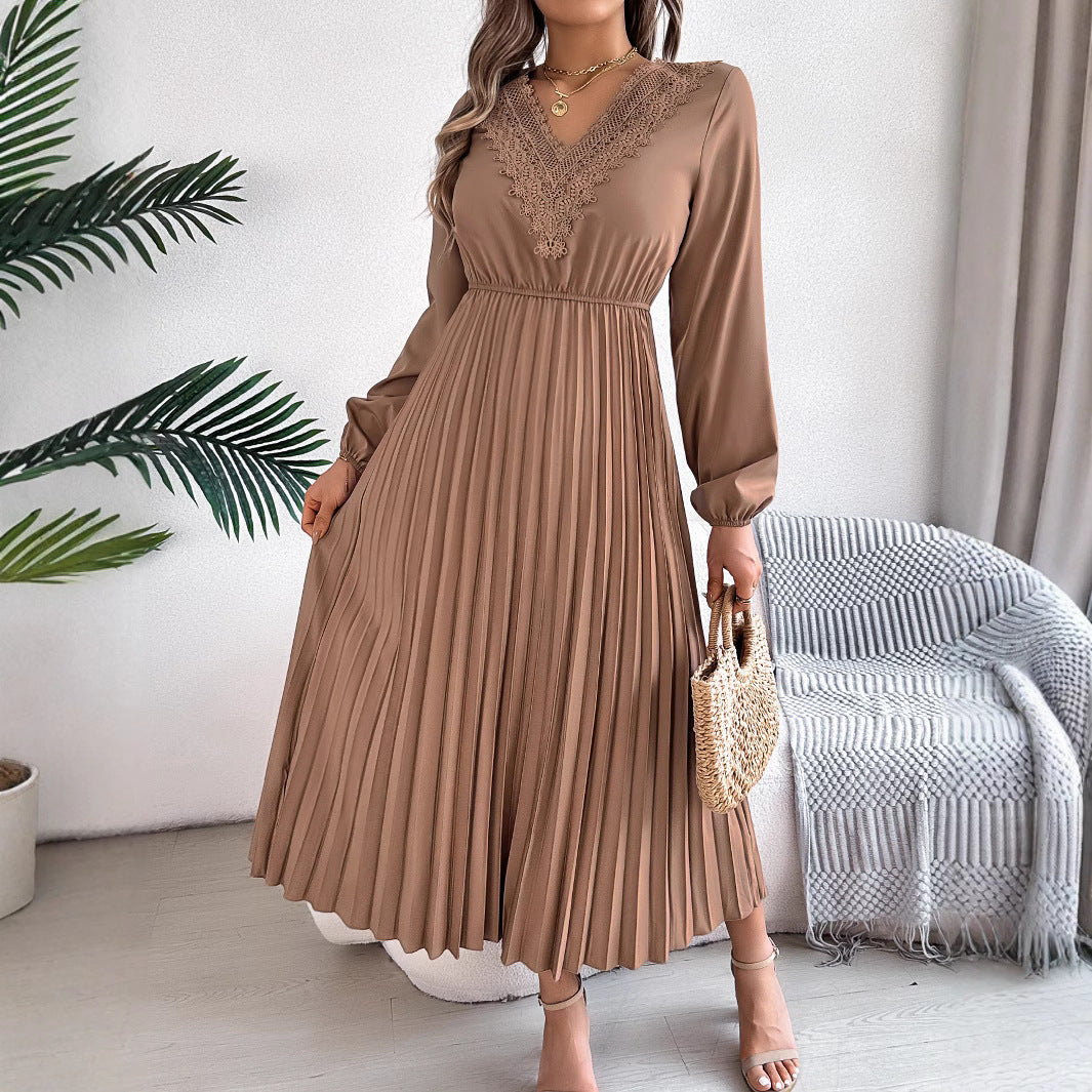 Spring Summer Elegant V-Neck Lace Cinched Pleated Maxi Dress