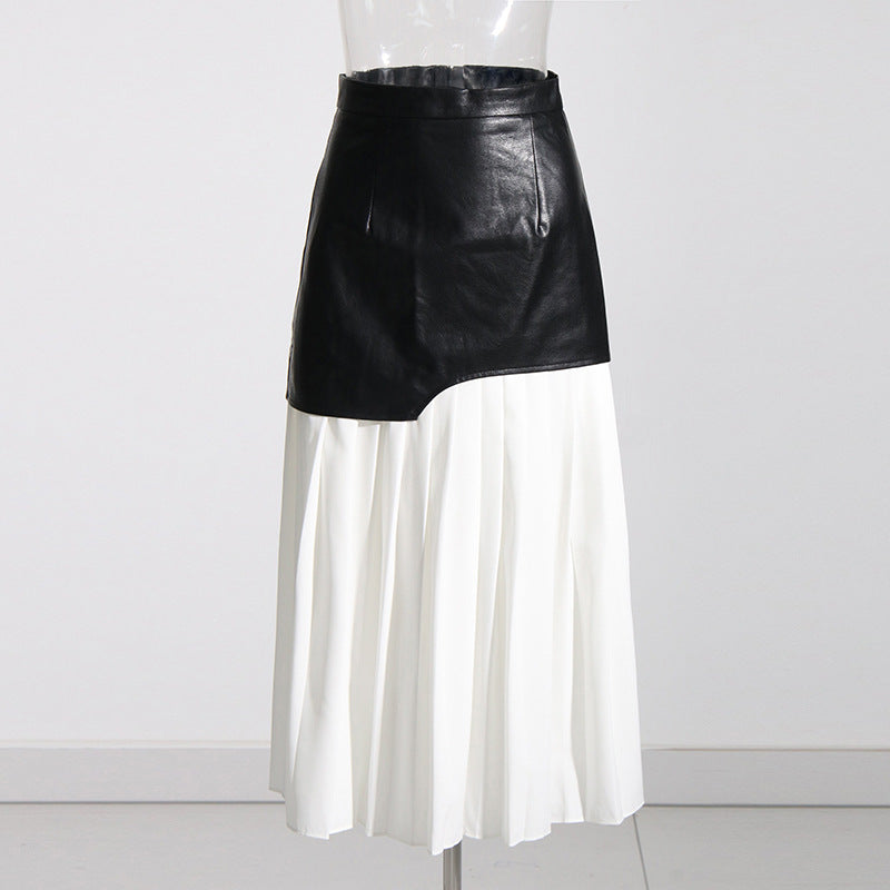 Personalized Street Contrast Color Leather Autumn Skirt
