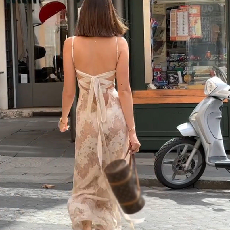 Summer Vacation Strap High Class Elegant Printing Slip Dress