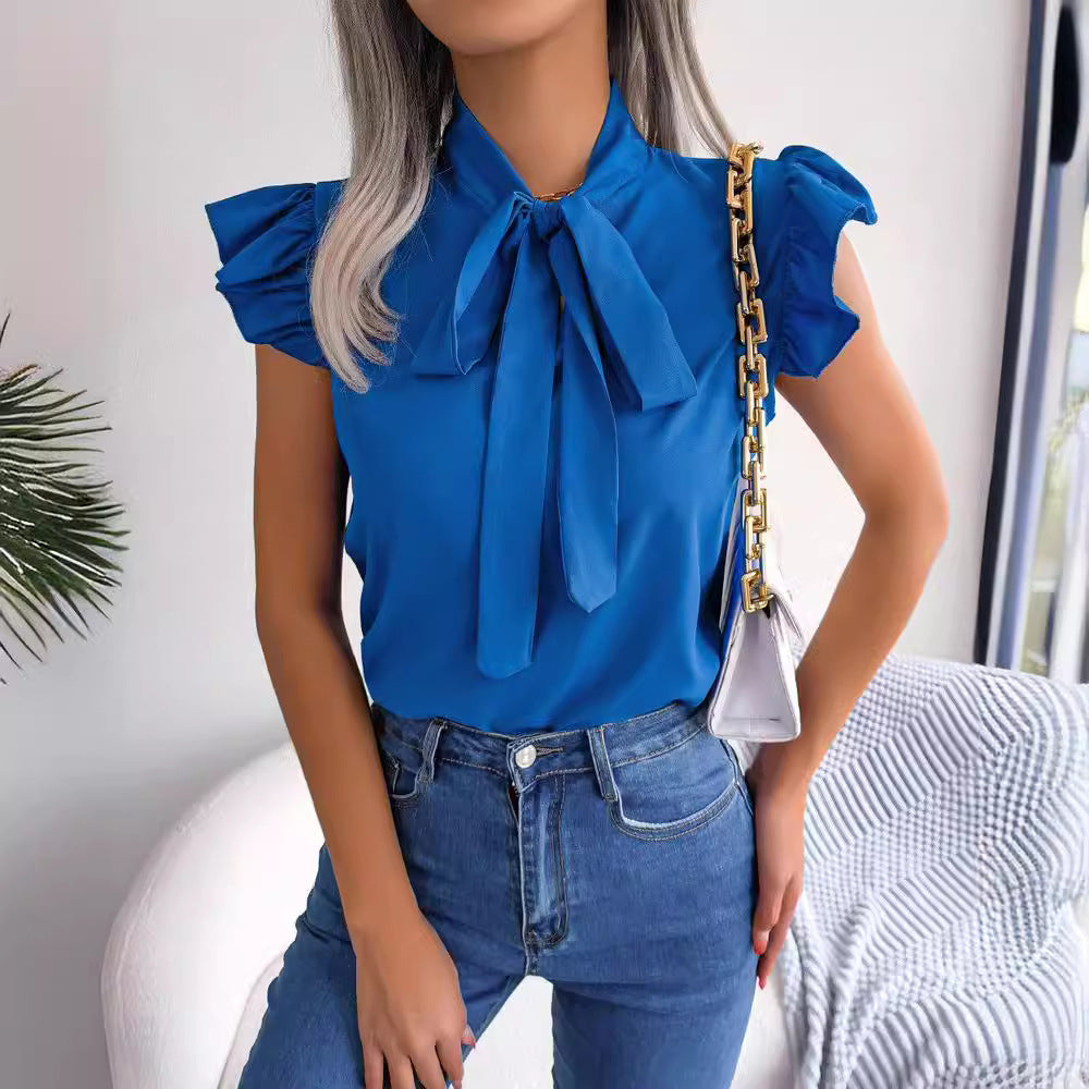 Women's Summer Women Solid Color Stringy Selvedge Lace Up Bow Shirt Top