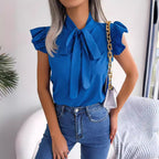 Women's Summer Women Solid Color Stringy Selvedge Lace Up Bow Shirt Top