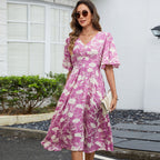 Rayon V-Neck Tight Waist Seaside Vacation A-Line Dress