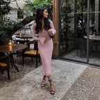 Ruffle Button Long-Sleeve Knit Bodycon Maxi Dress