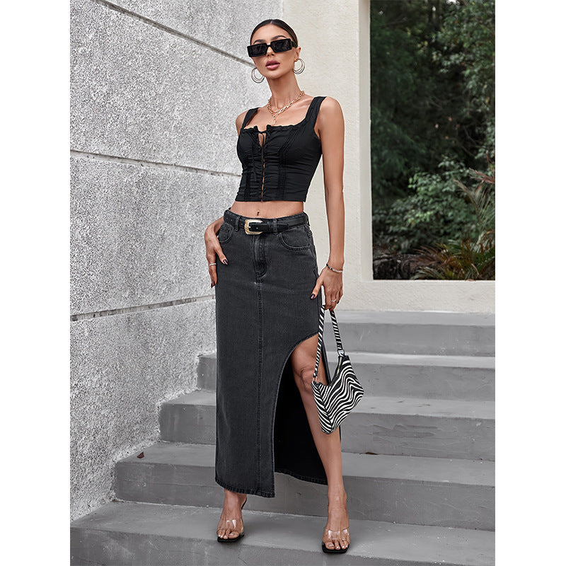 High Waist Slit Denim Skirt