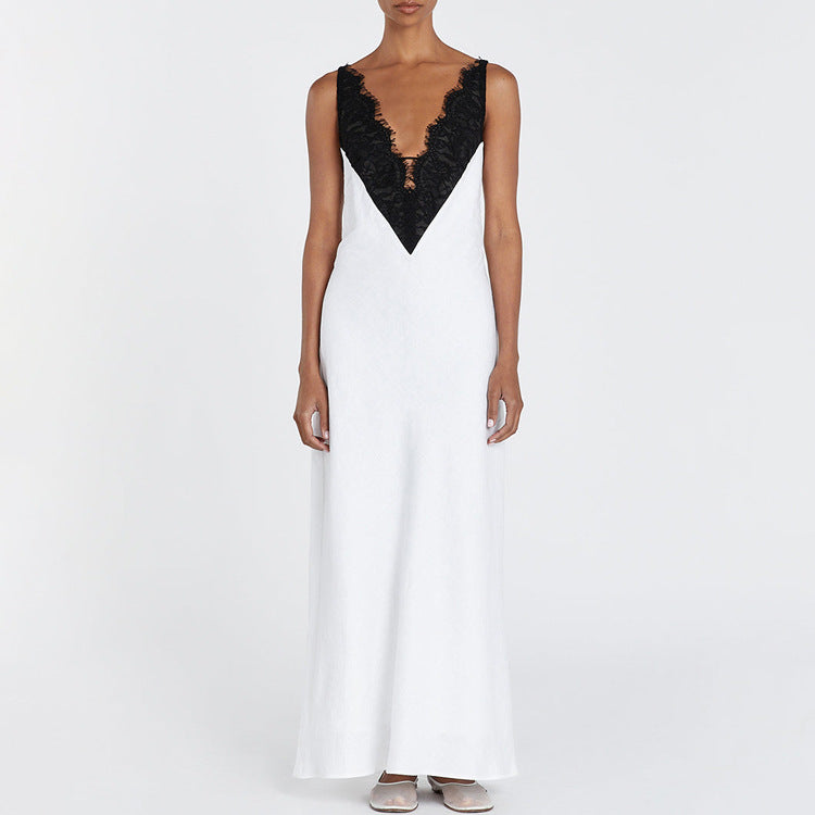Lace Contrast Backless Cami Dress