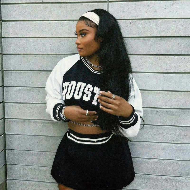 Women's Autumn Street Hipster Slim Baseball Sweater Skirt Set