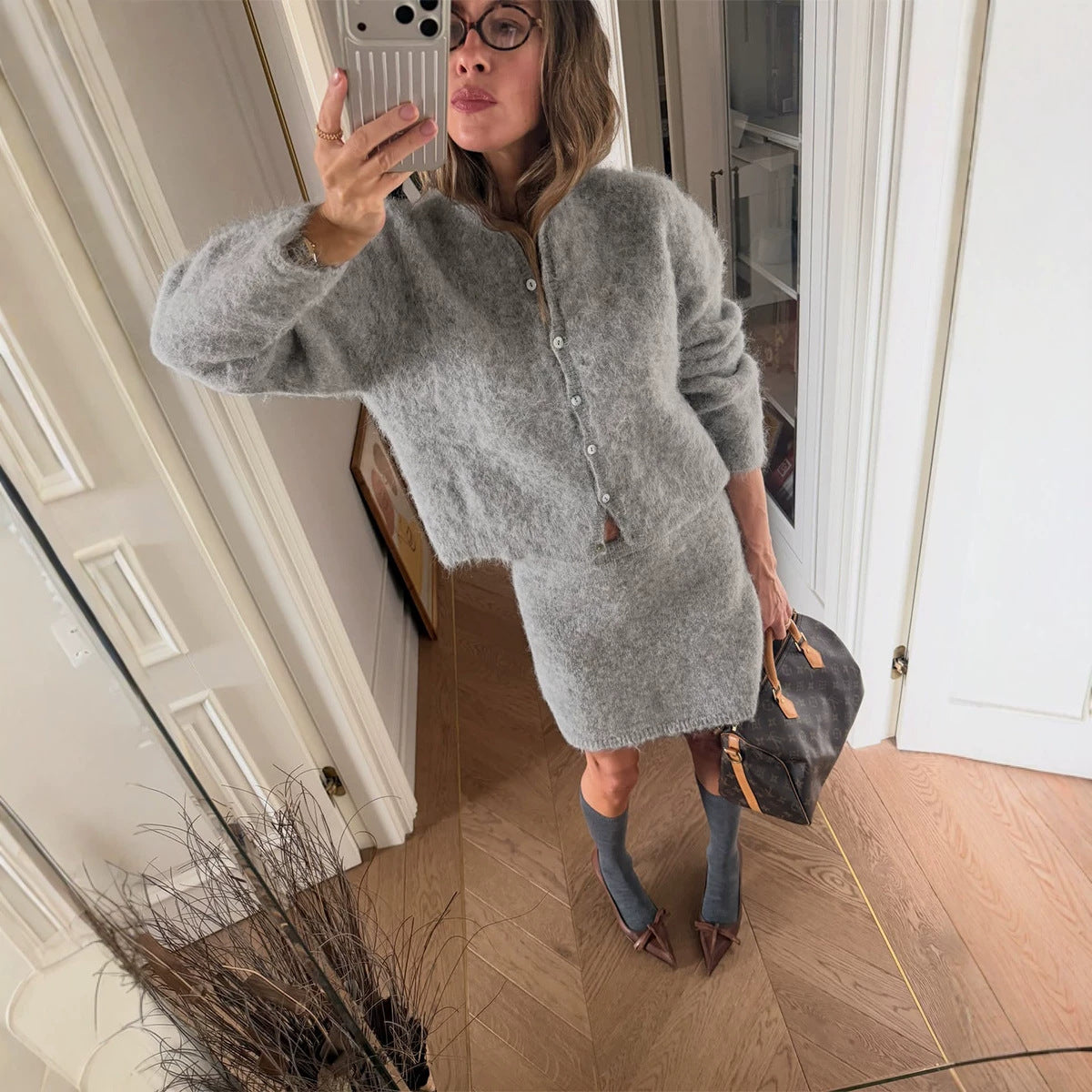 Women's Fall Winter Women Fashionable Elegant Warm Plush Sweater Cardigan Skirt Set