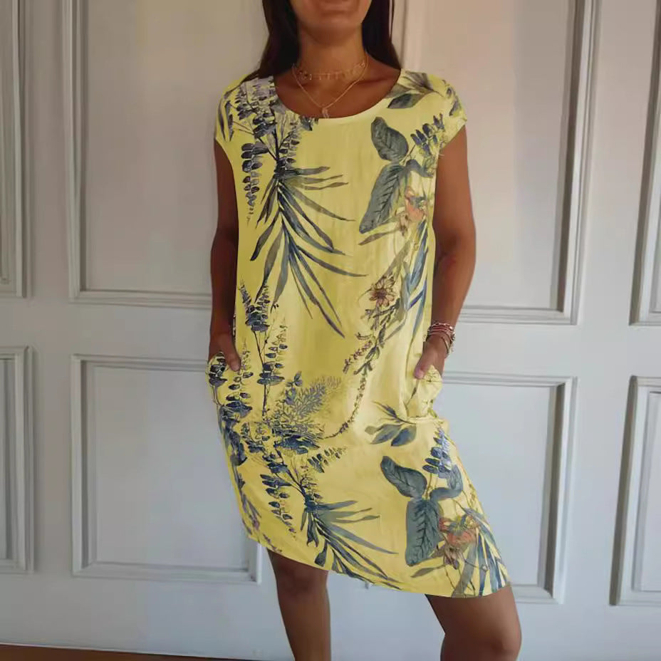 Summer Cotton Linen round Neck Printed with Pocket
