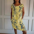 Summer Cotton Linen round Neck Printed with Pocket